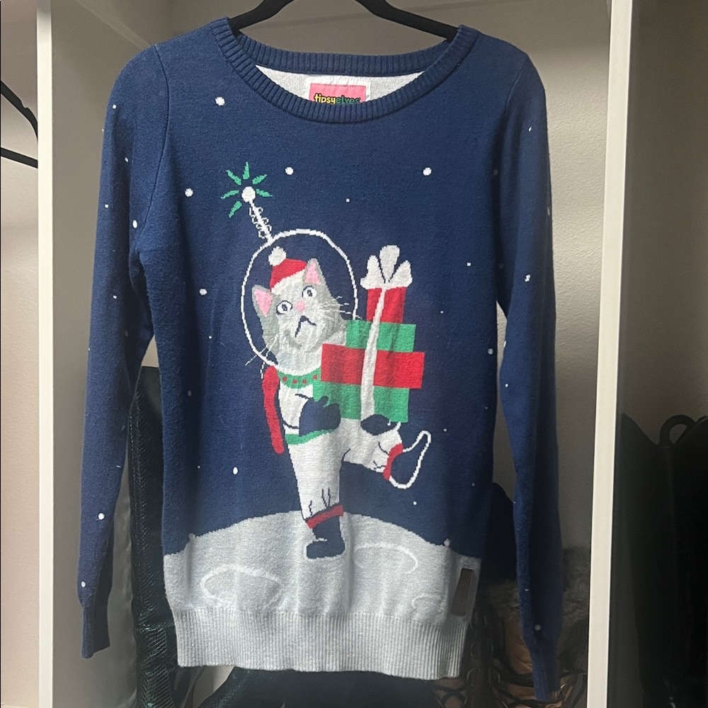 Tipsy Elves ugly Navy Cat Santa Sweater small festive